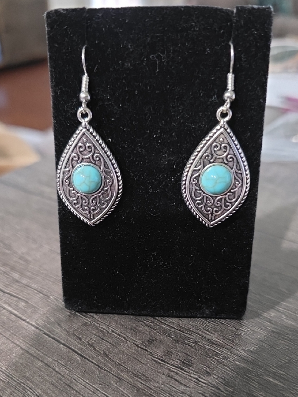Turquoise Stone Filigree Teardrop Dangle Earrings - Women Jewelry